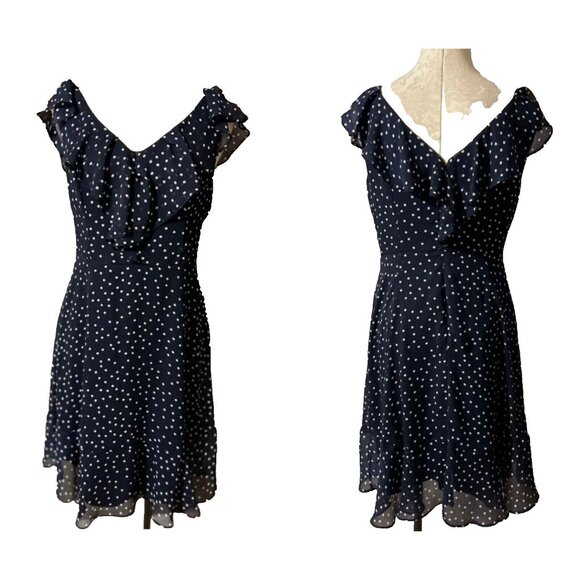 DKNY Dress Navy Blue Ivory 10 Polka Dot Flutter Sleeve A Line Flowy Summer - Picture 3 of 9